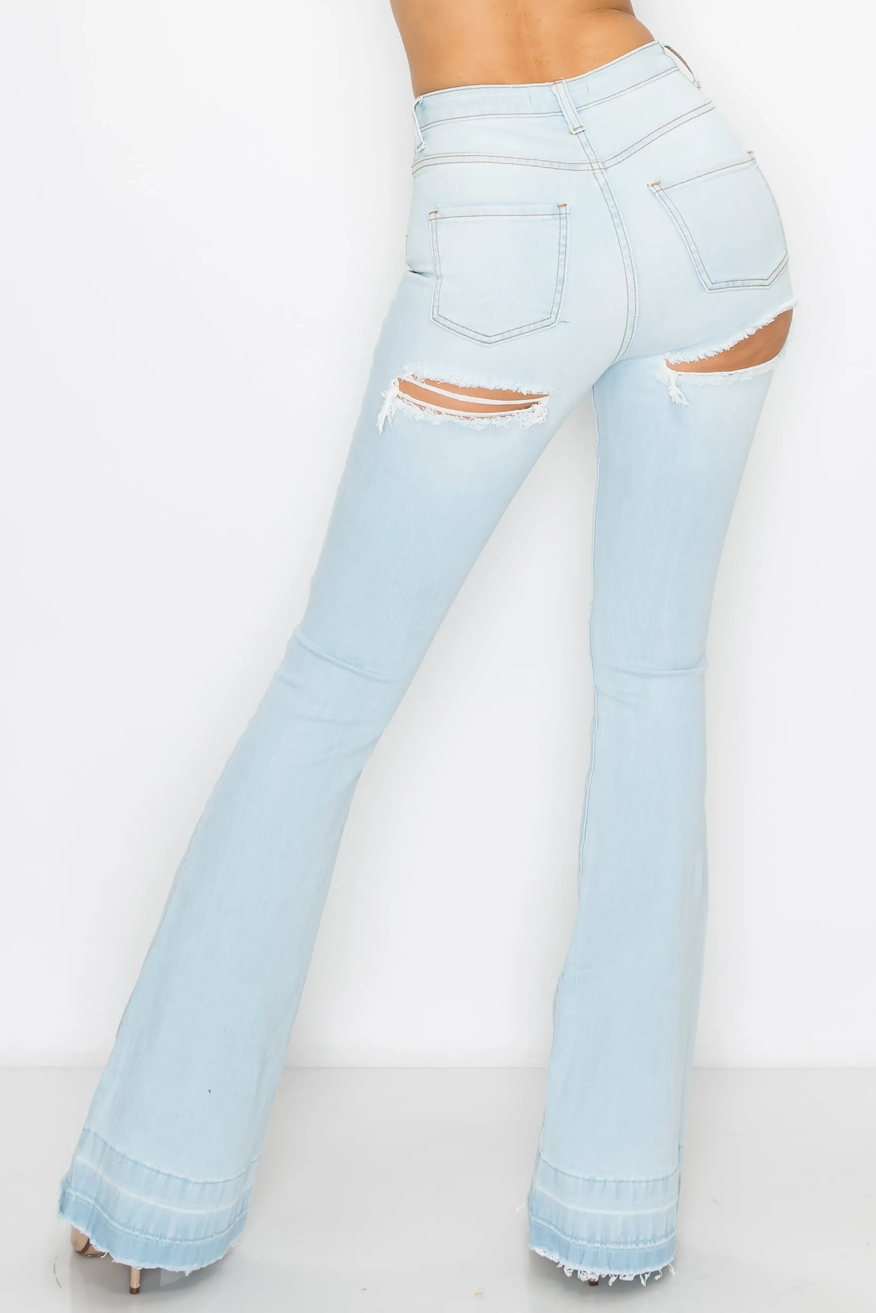 2129 Women's High Waisted Distressed Flare Jeans