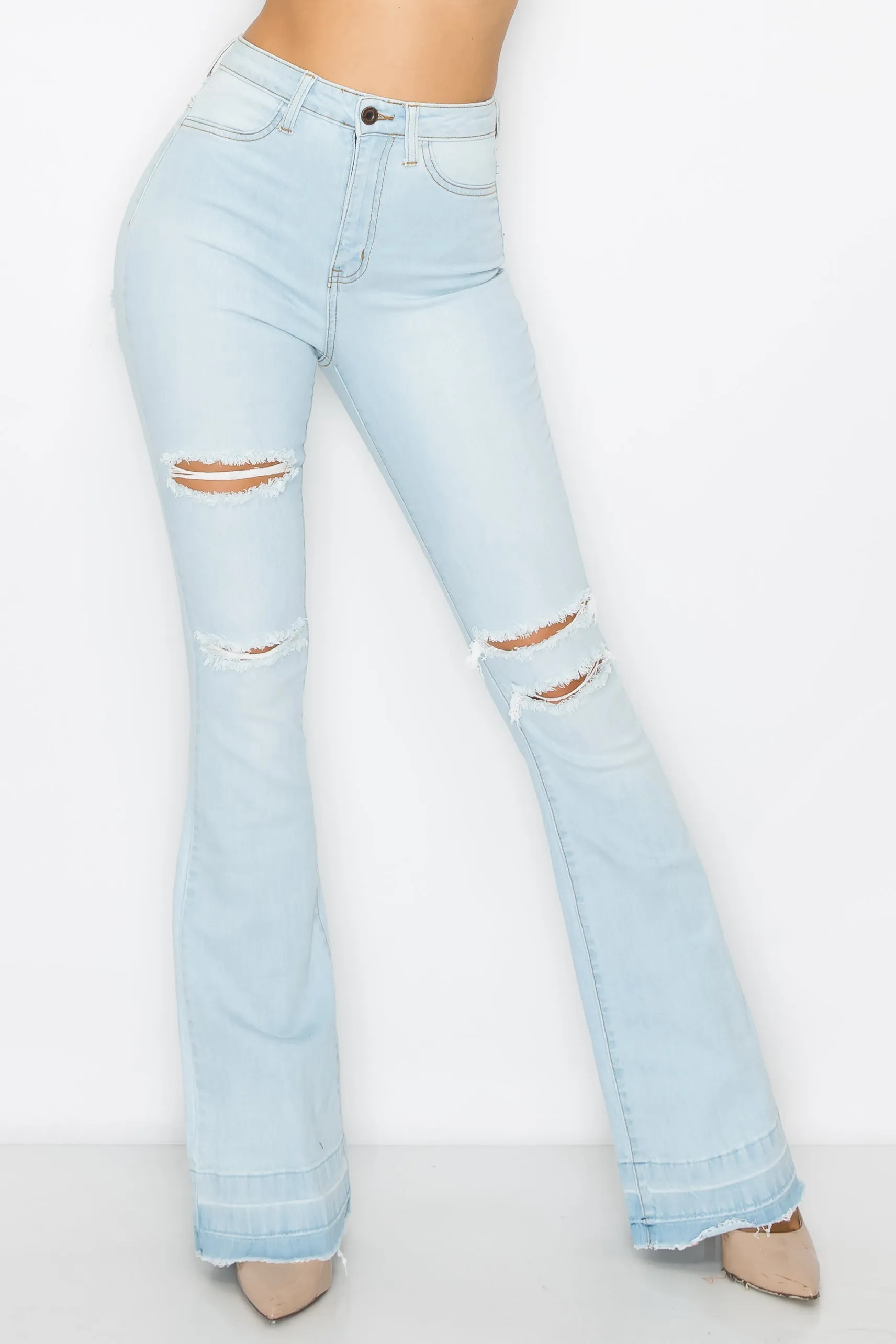 2129 Women's High Waisted Distressed Flare Jeans