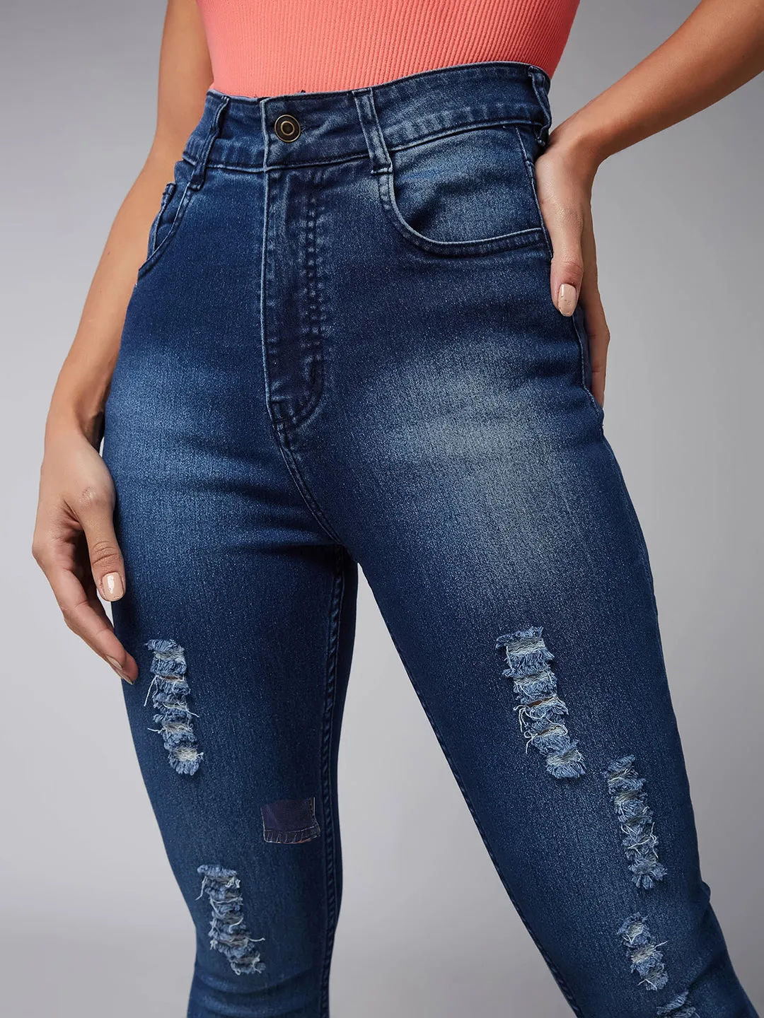 24/7 Comfort Women's Blue Skinny Fit Mid Rise Mildly Distressed Ripped Denim Jeans