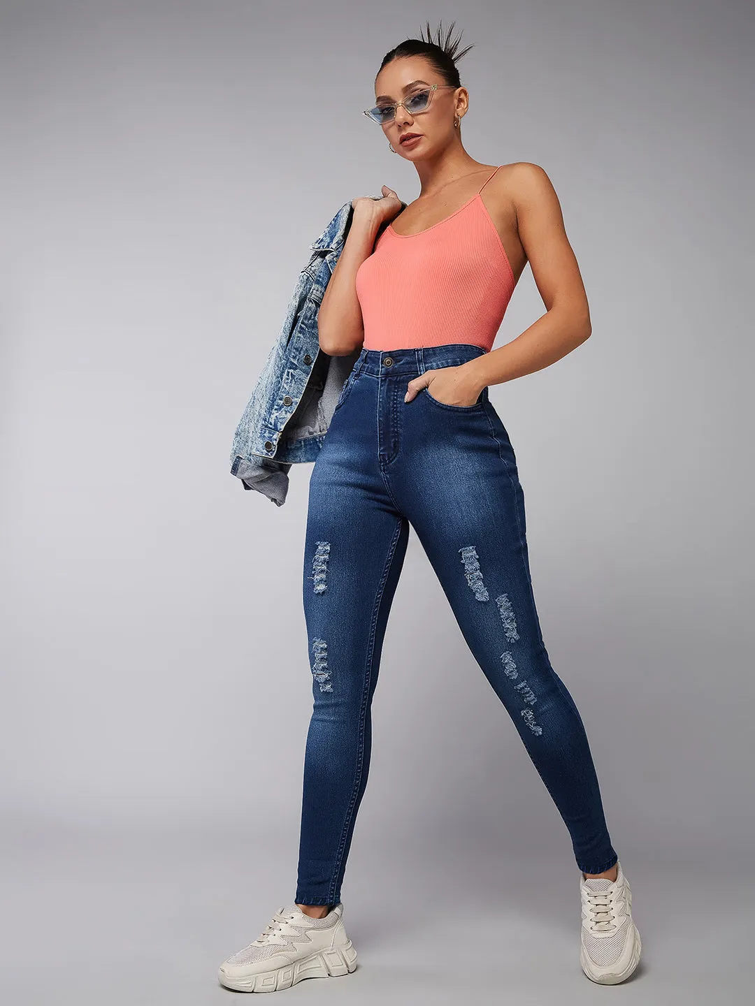 24/7 Comfort Women's Blue Skinny Fit Mid Rise Mildly Distressed Ripped Denim Jeans