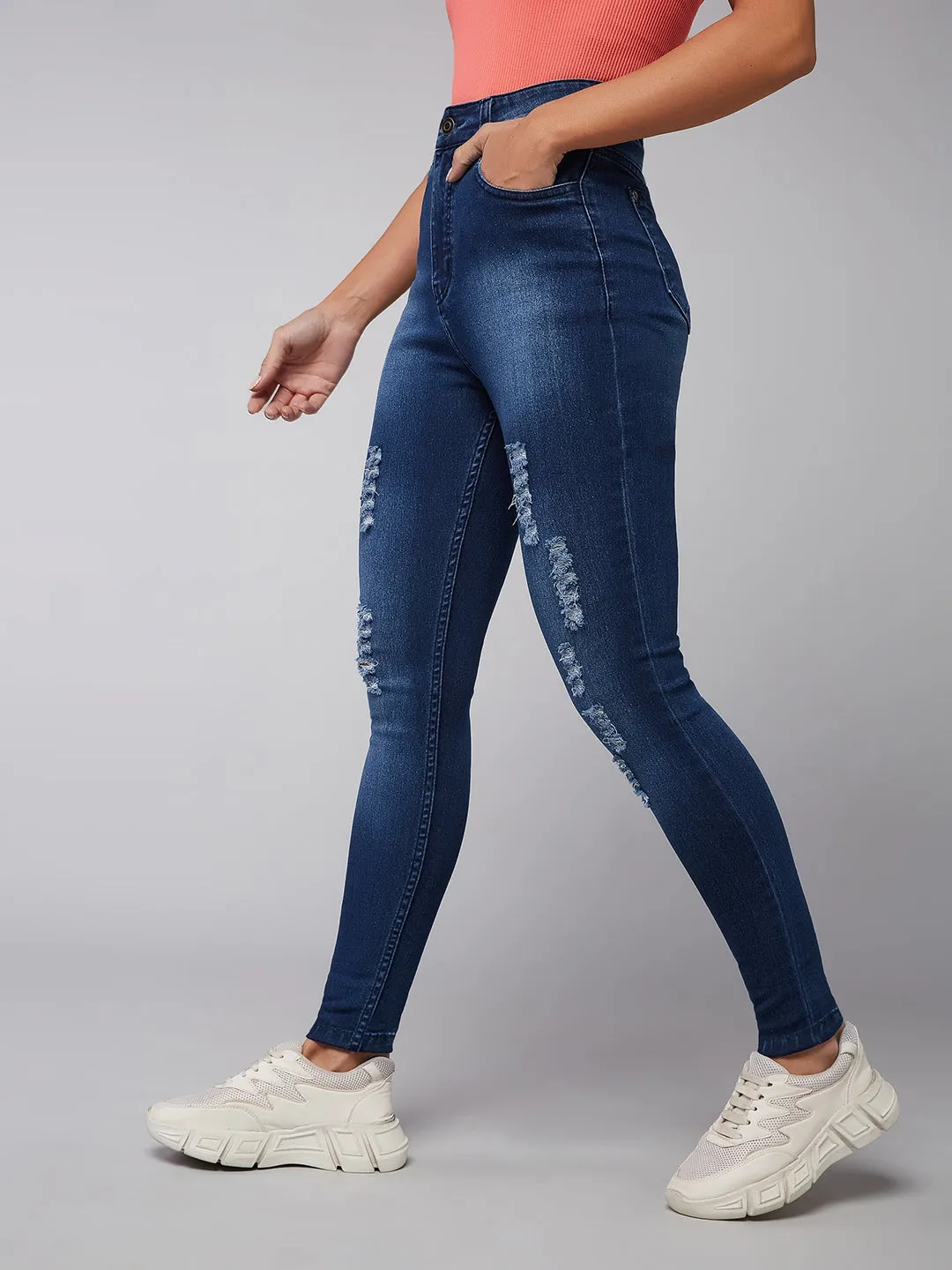 24/7 Comfort Women's Blue Skinny Fit Mid Rise Mildly Distressed Ripped Denim Jeans