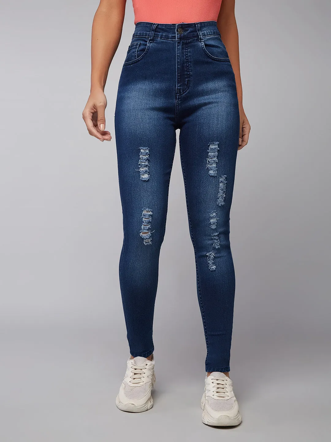 24/7 Comfort Women's Blue Skinny Fit Mid Rise Mildly Distressed Ripped Denim Jeans