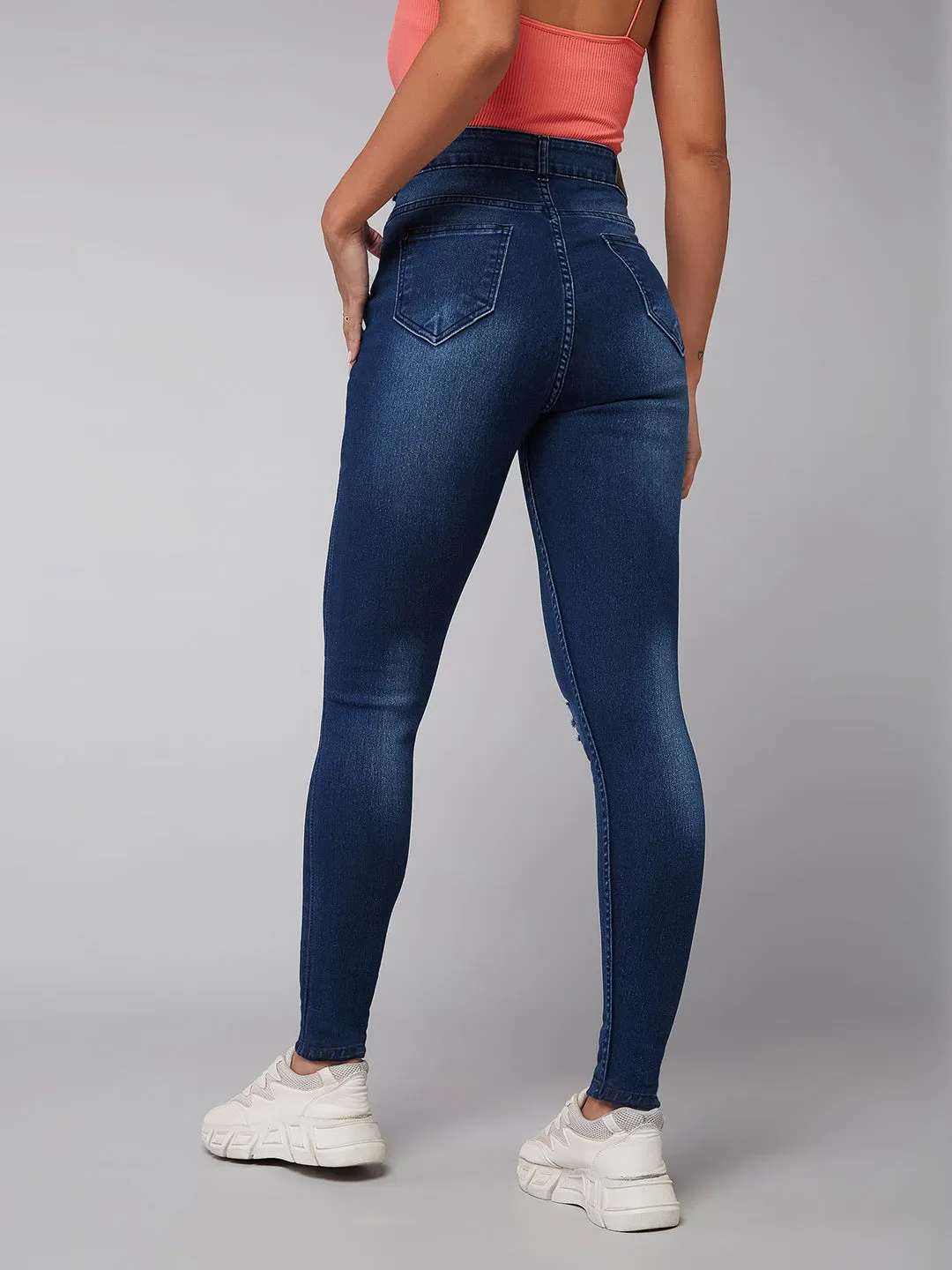 24/7 Comfort Women's Blue Skinny Fit Mid Rise Mildly Distressed Ripped Denim Jeans