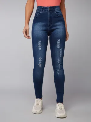 24/7 Comfort Women's Blue Skinny Fit Mid Rise Mildly Distressed Ripped Denim Jeans