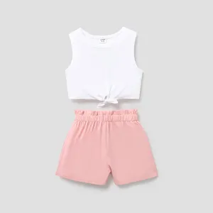 2pcs Kid Girl Tie Knot Sleeveless Tee and Elasticized Paperbag Shorts Set