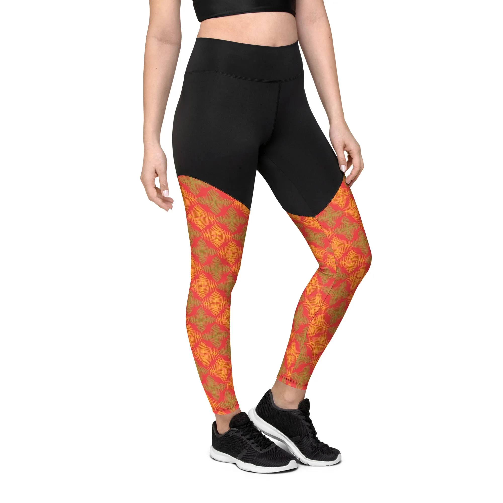Arc Series Orange & Green Stars Sports Leggings, Available in sizes XS to 3XL!