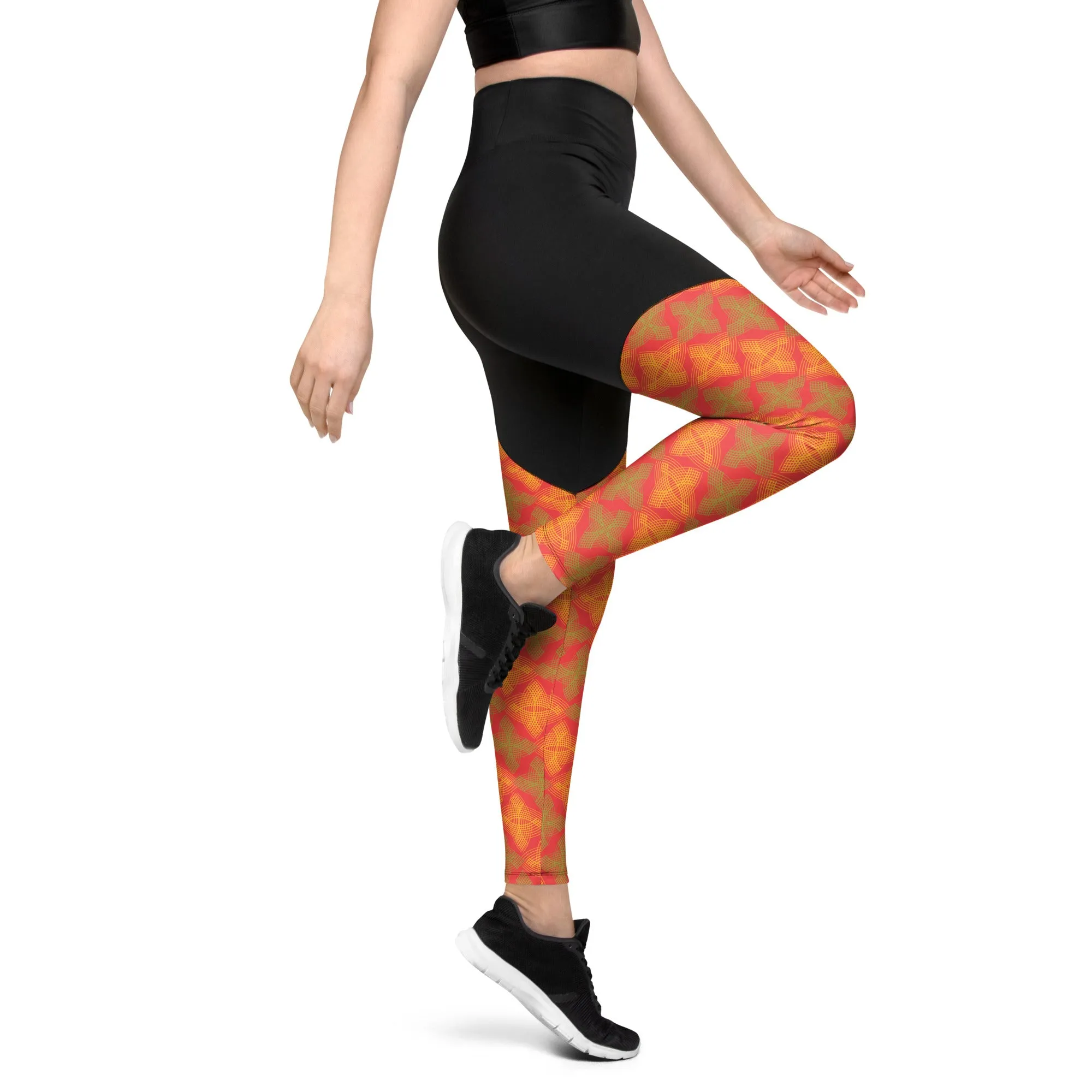 Arc Series Orange & Green Stars Sports Leggings, Available in sizes XS to 3XL!