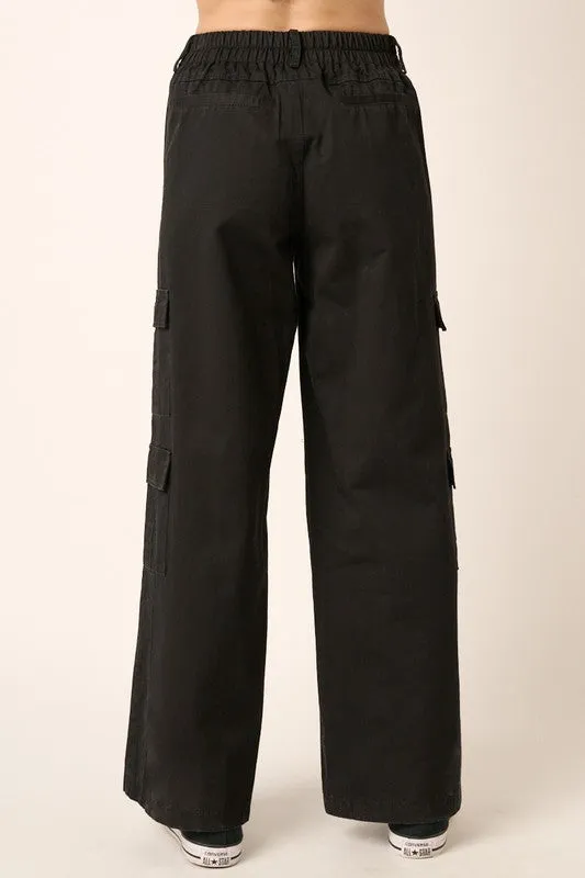 Black Low Rise Elastic Cover Waistband Cargo Pants