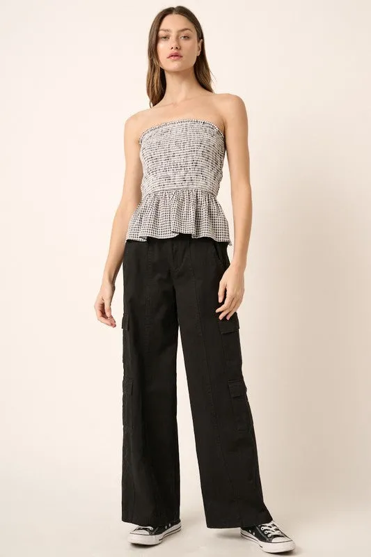 Black Low Rise Elastic Cover Waistband Cargo Pants