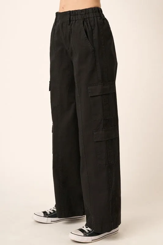 Black Low Rise Elastic Cover Waistband Cargo Pants