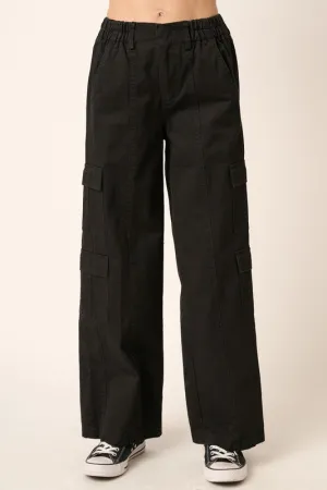 Black Low Rise Elastic Cover Waistband Cargo Pants