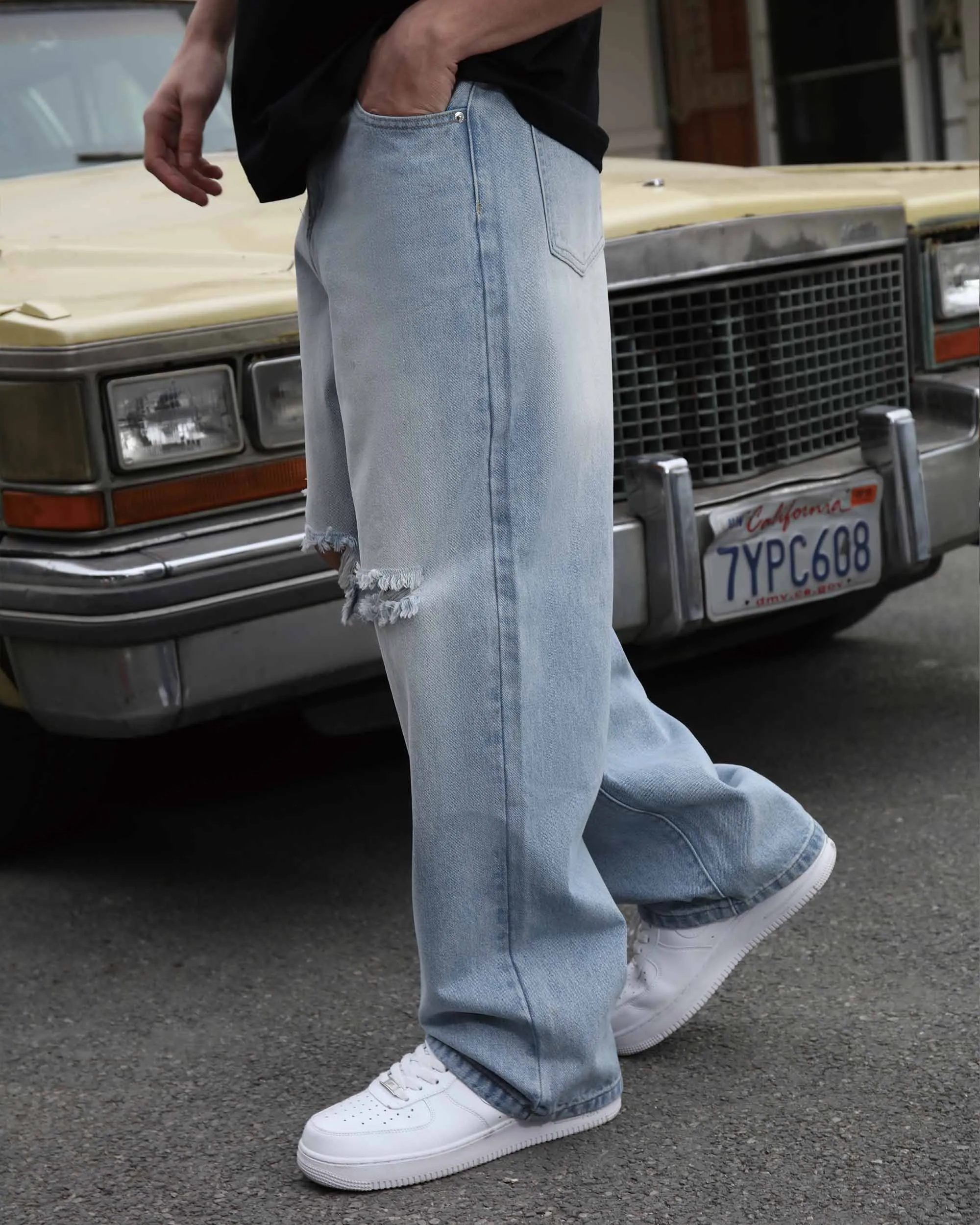 Casual and Versatile Blue Ripped Baggy Jeans