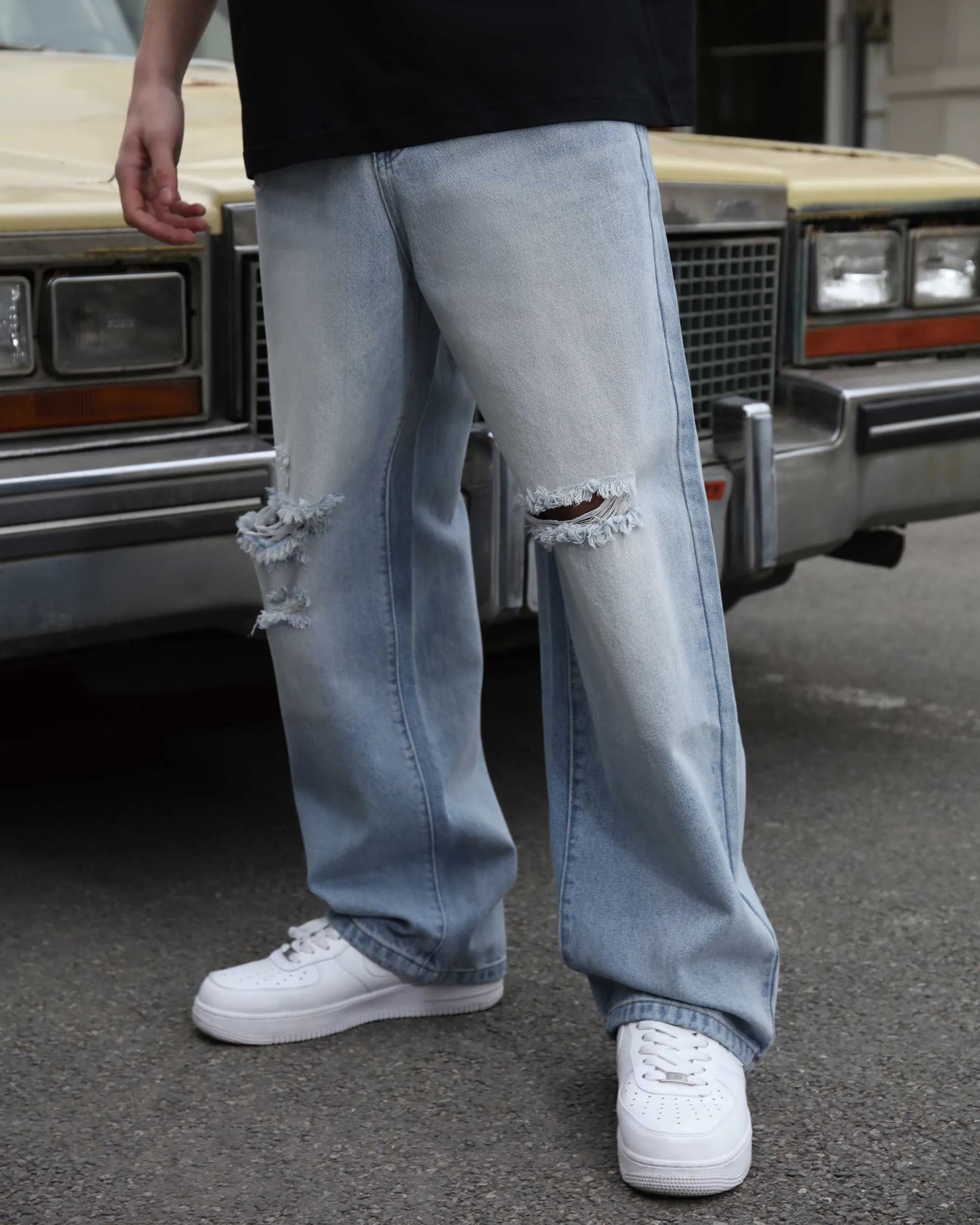 Casual and Versatile Blue Ripped Baggy Jeans