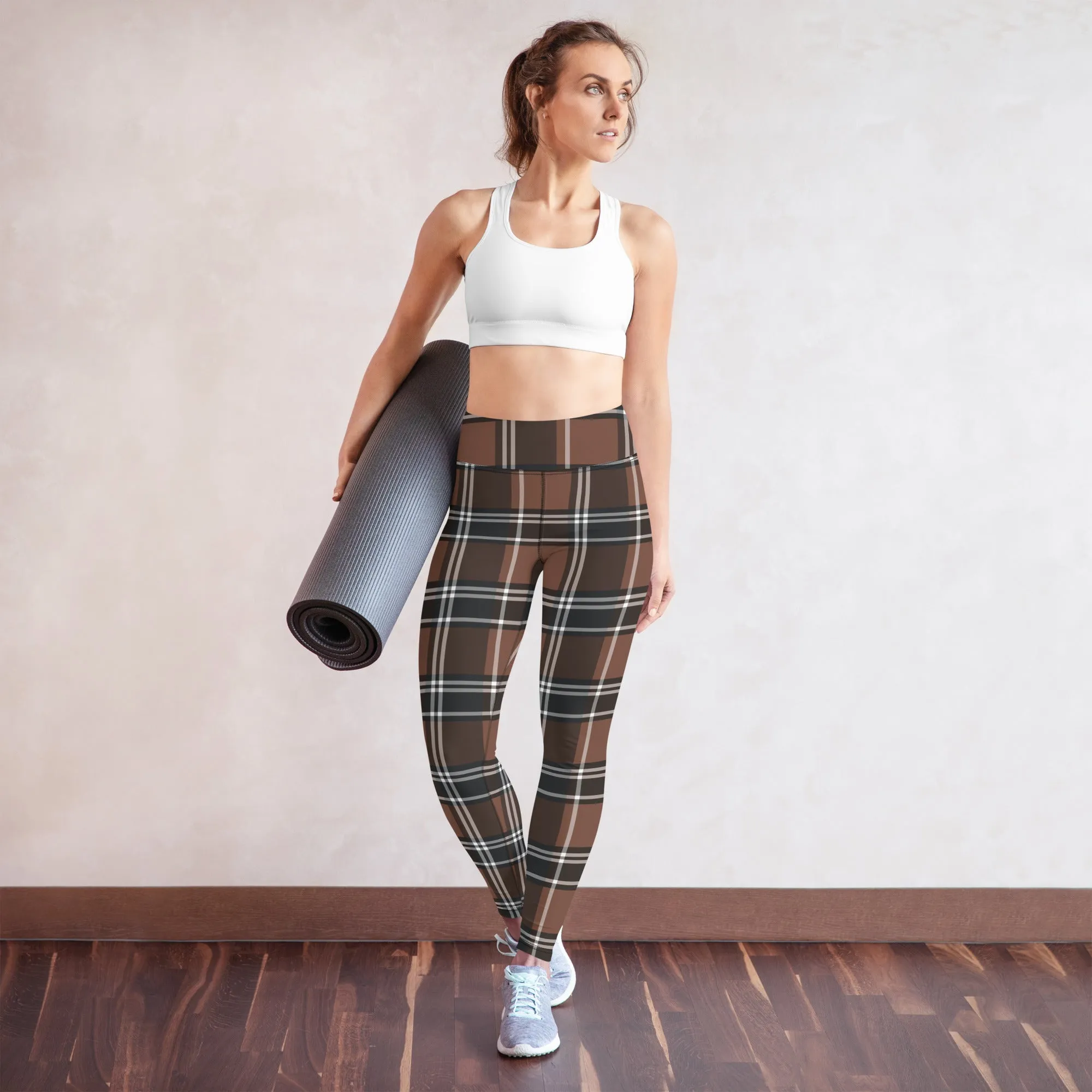 ELEVATED ESSENTIALS, BOOTY BOOSTING HIGH WAISTBAND LEGGING VINTAGE PLAID CHOCOLATE AND BLACK