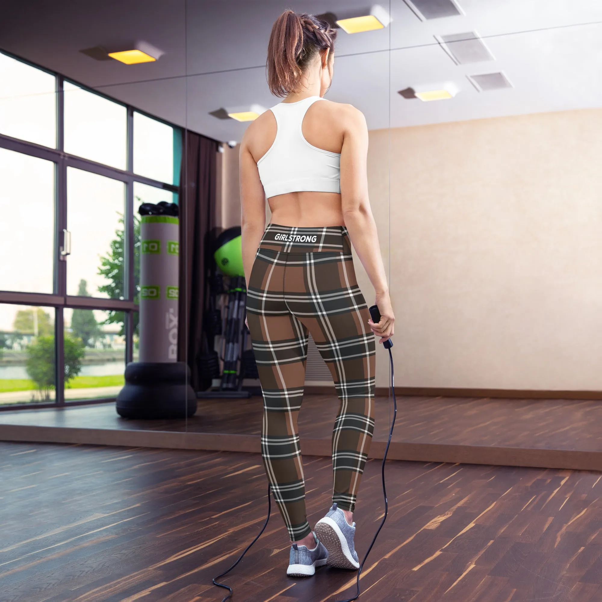 ELEVATED ESSENTIALS, BOOTY BOOSTING HIGH WAISTBAND LEGGING VINTAGE PLAID CHOCOLATE AND BLACK