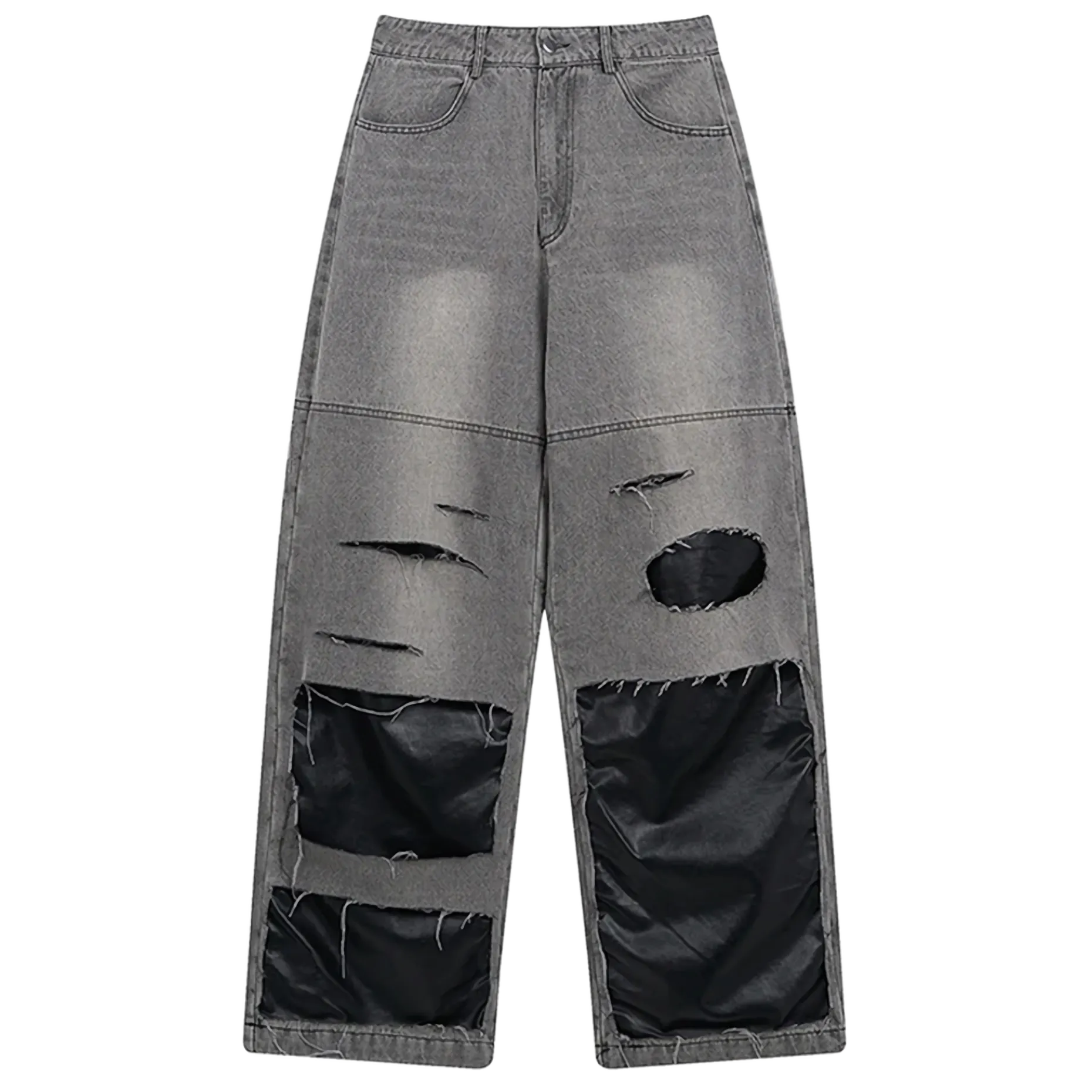 Gray Patchwork Distressed Wide-Leg Jeans
