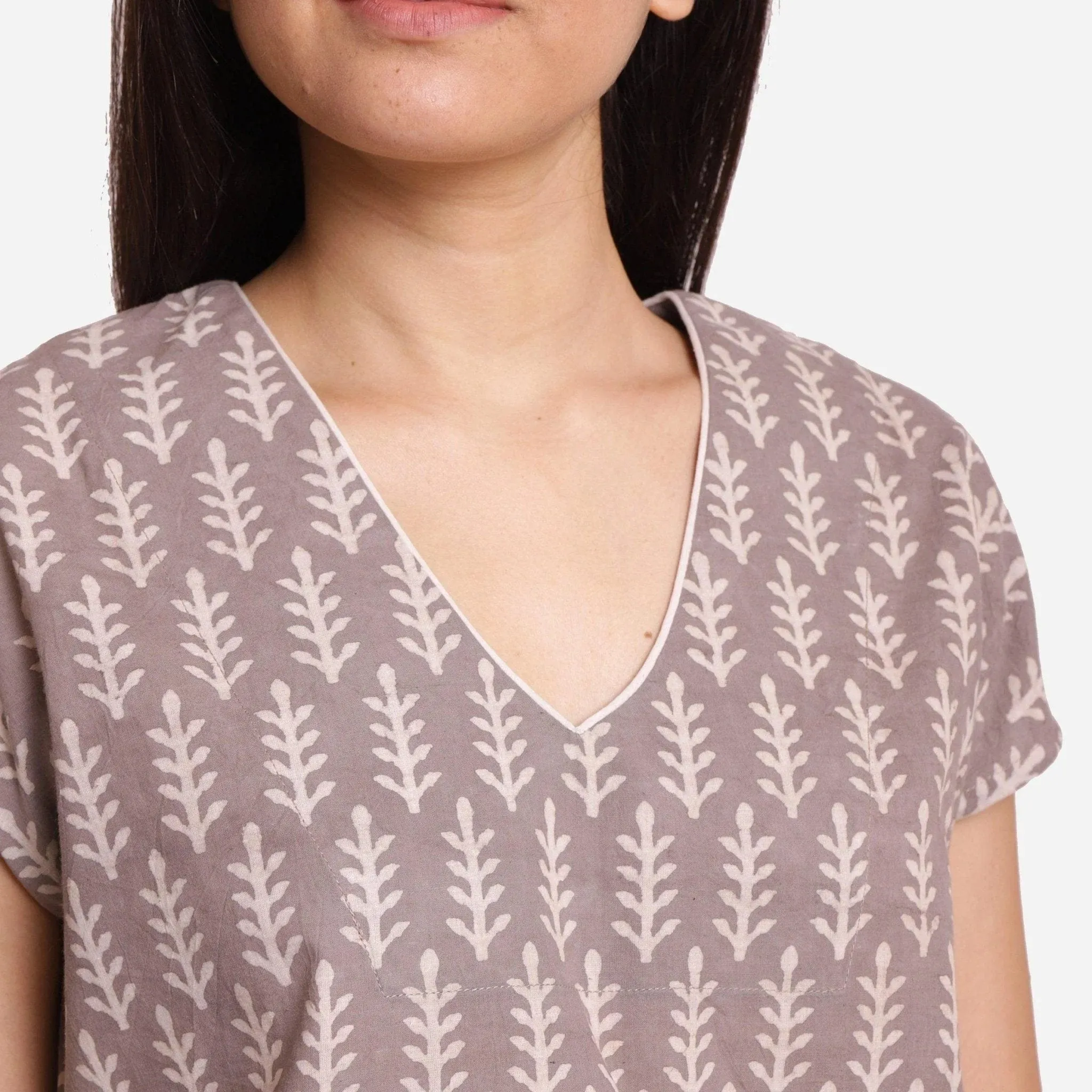 Grey Dabu Floral Hand Block Print Cotton Crop Top