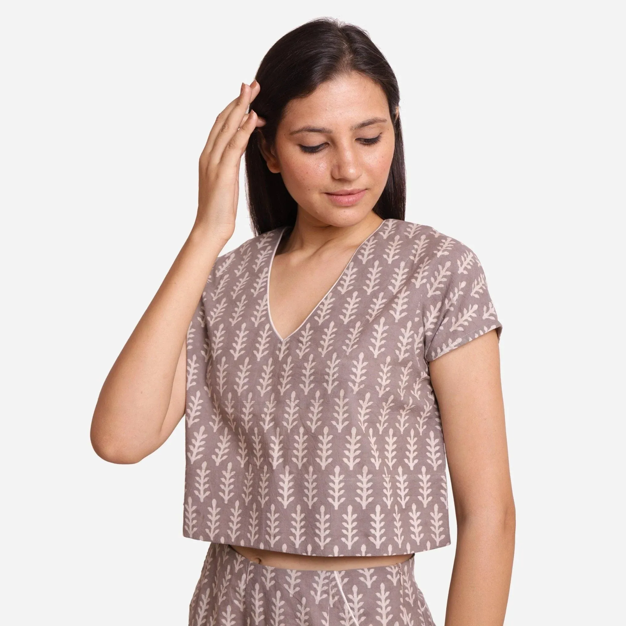 Grey Dabu Floral Hand Block Print Cotton Crop Top