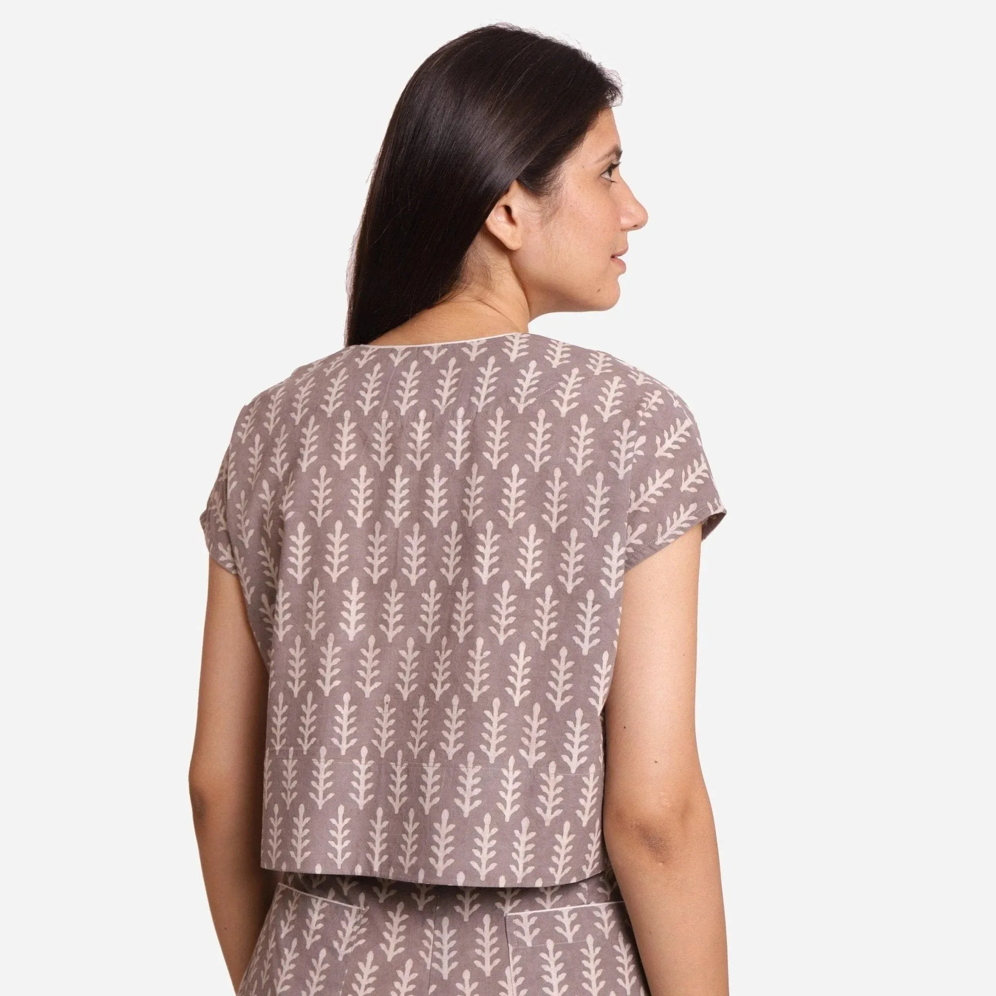 Grey Dabu Floral Hand Block Print Cotton Crop Top