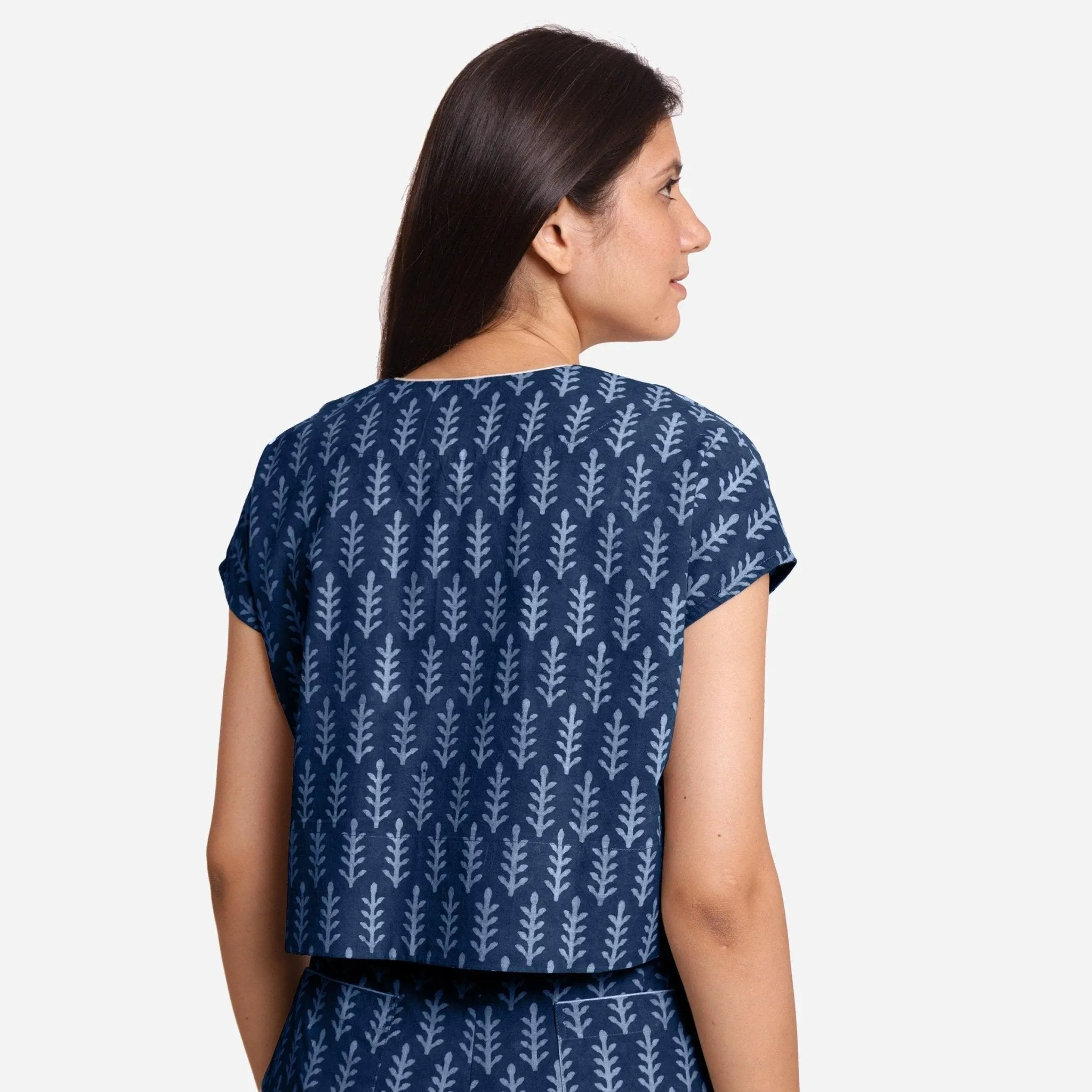 Indigo Dabu Floral Hand Block Print Cotton Crop Top