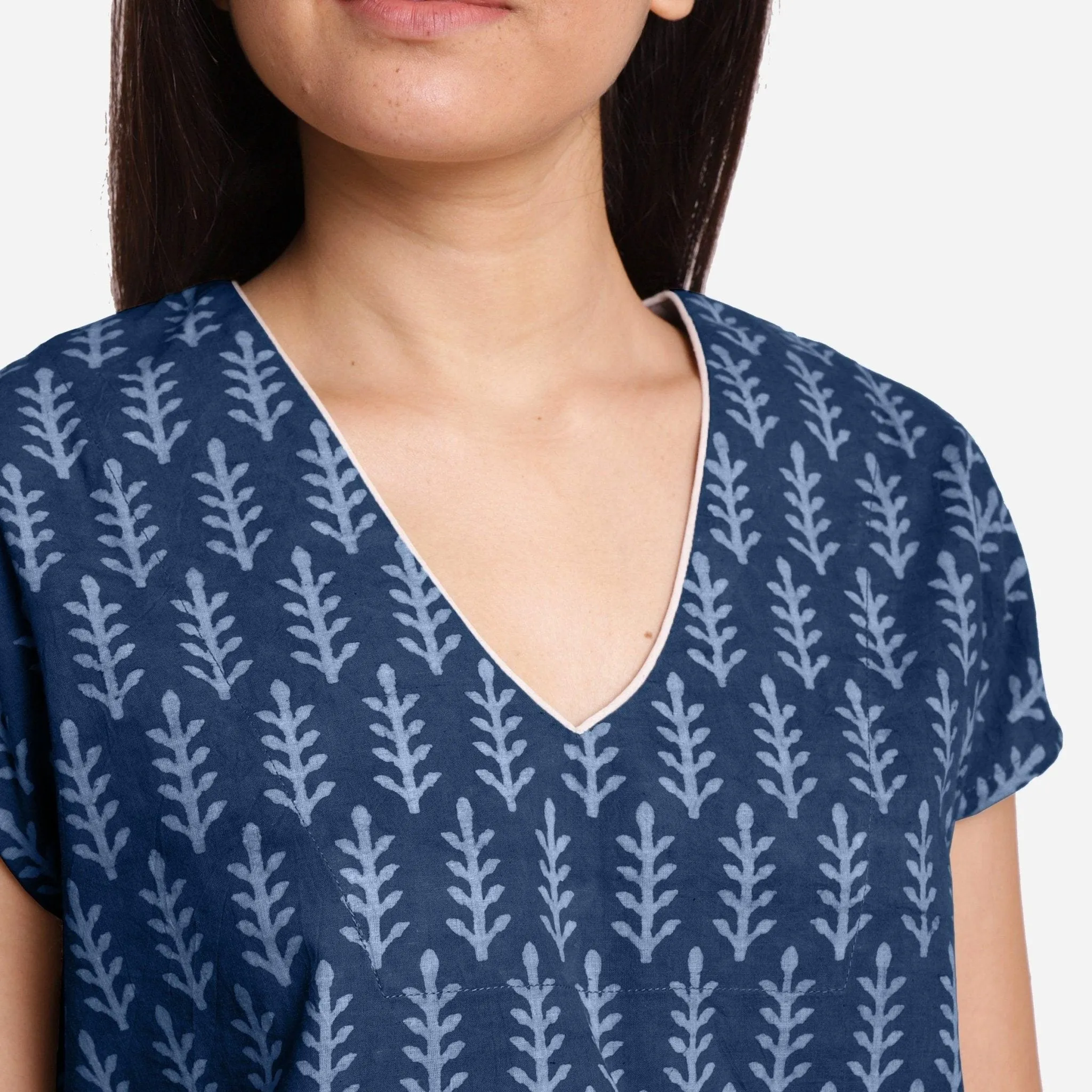 Indigo Dabu Floral Hand Block Print Cotton Crop Top