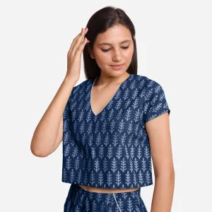 Indigo Dabu Floral Hand Block Print Cotton Crop Top