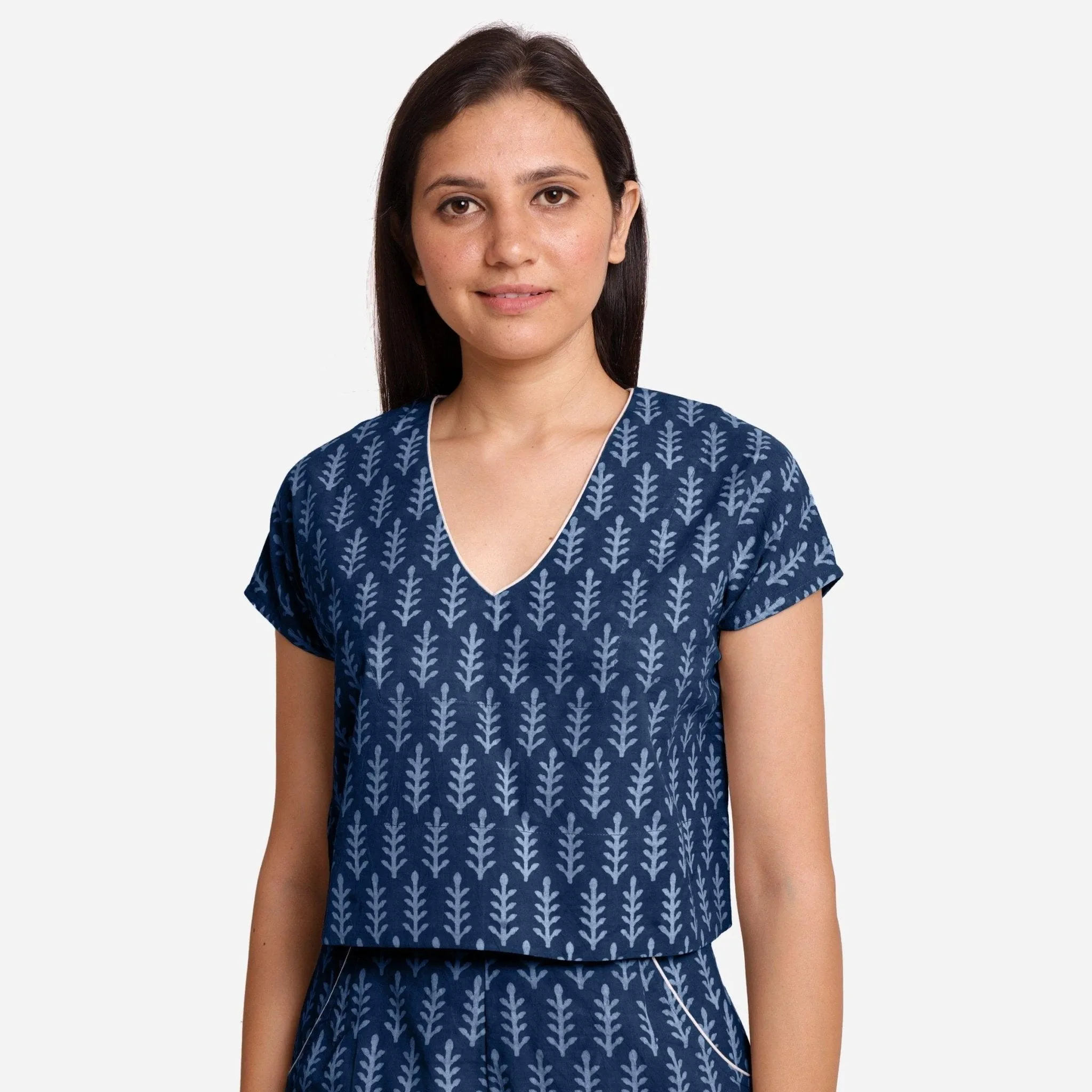 Indigo Dabu Floral Hand Block Print Cotton Crop Top