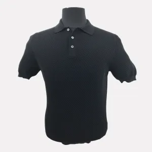 Italian Made Pebble Weave Cotton Short Sleeve Polo / Black