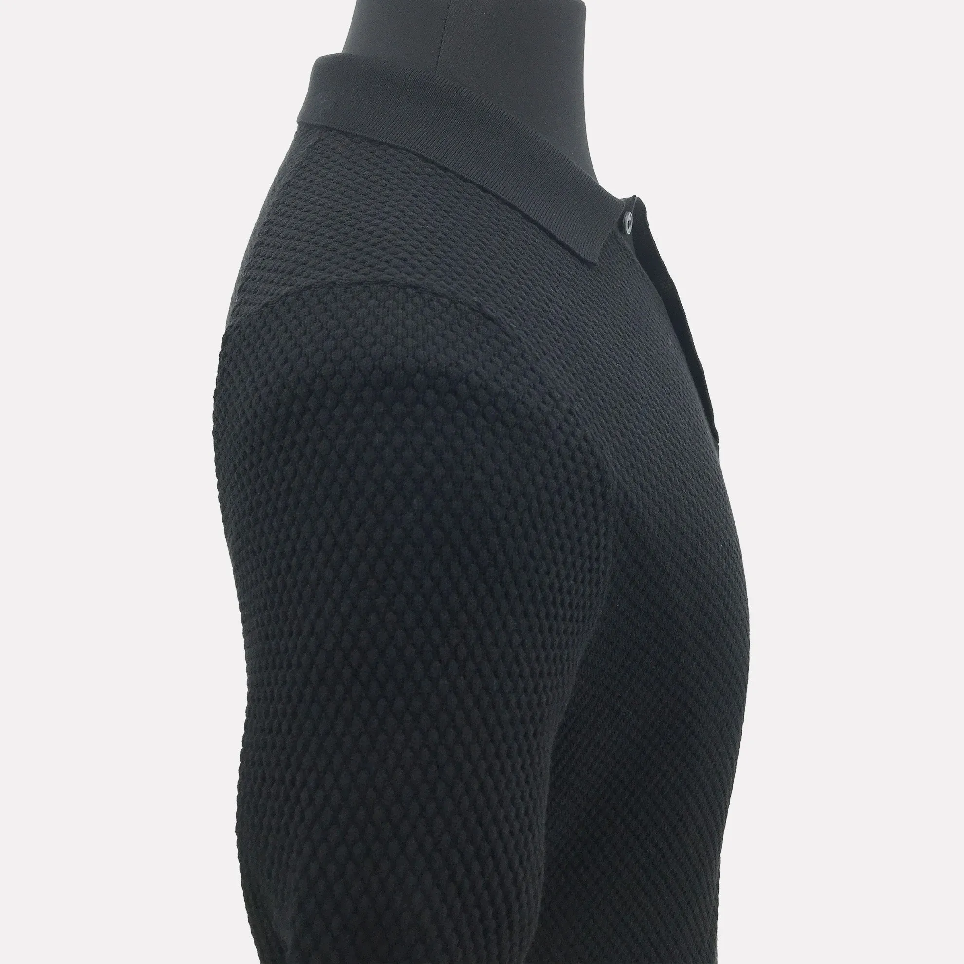 Italian Made Pebble Weave Cotton Short Sleeve Polo / Black