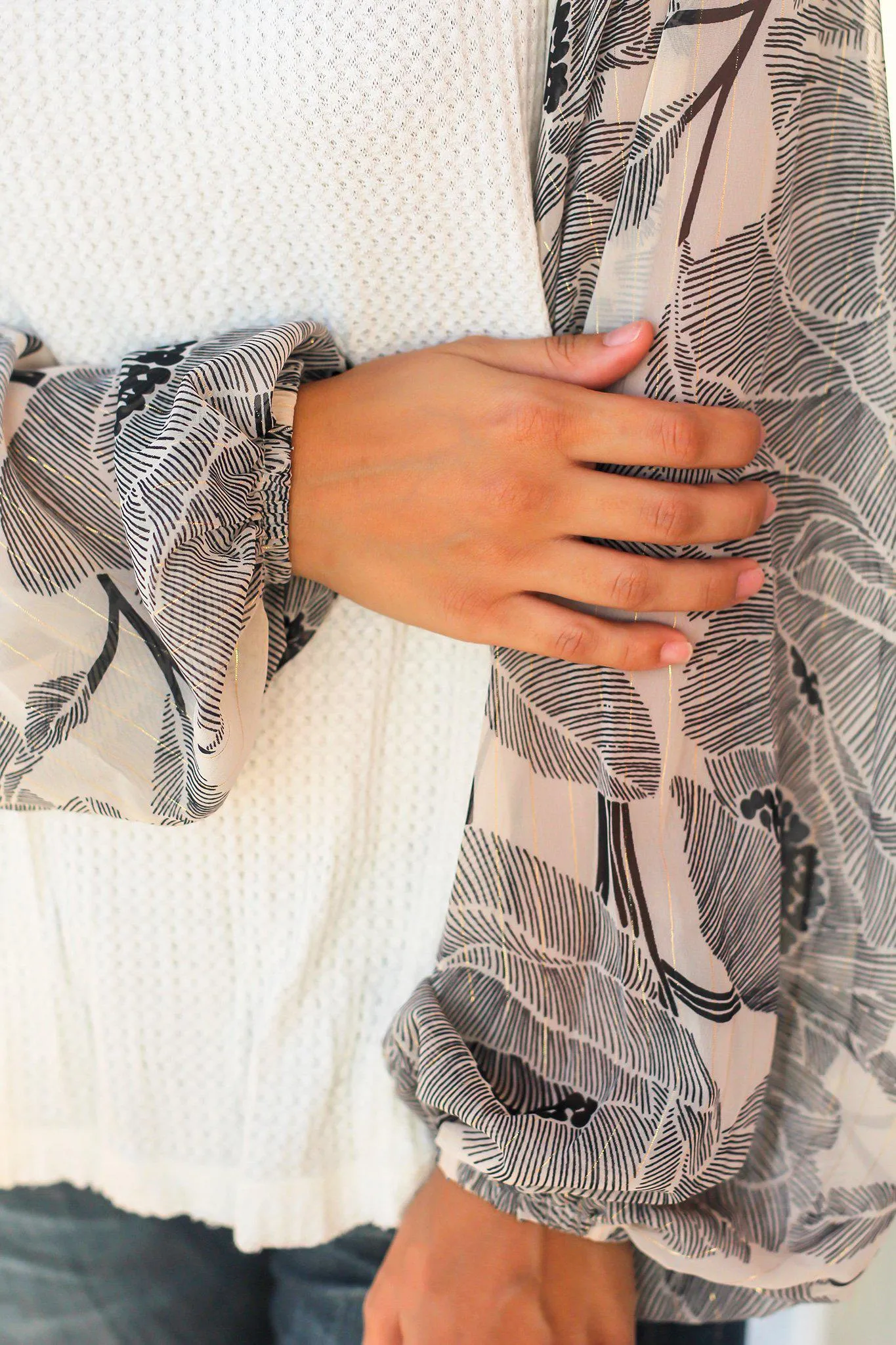 Ivory Knit Top with Printed Sleeves