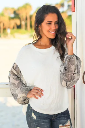 Ivory Knit Top with Printed Sleeves