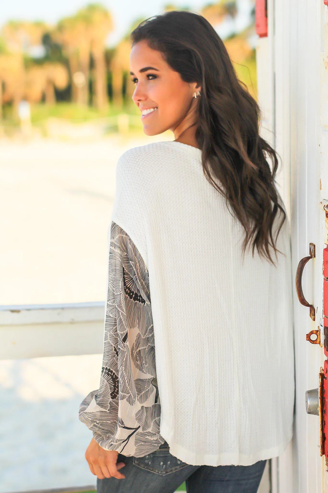 Ivory Knit Top with Printed Sleeves