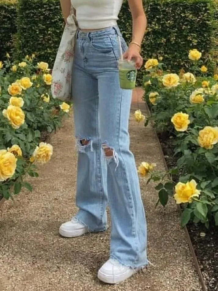 Joskaa Washed High Waist Knee Ripped Jeans