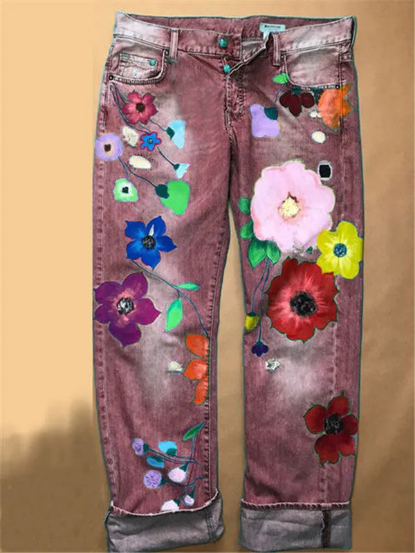 Lady Casual Straight Pants Ripped Jeans Printing Denim Pants