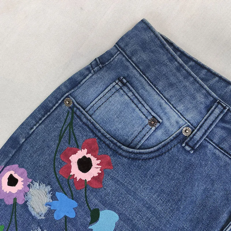 Lady Casual Straight Pants Ripped Jeans Printing Denim Pants