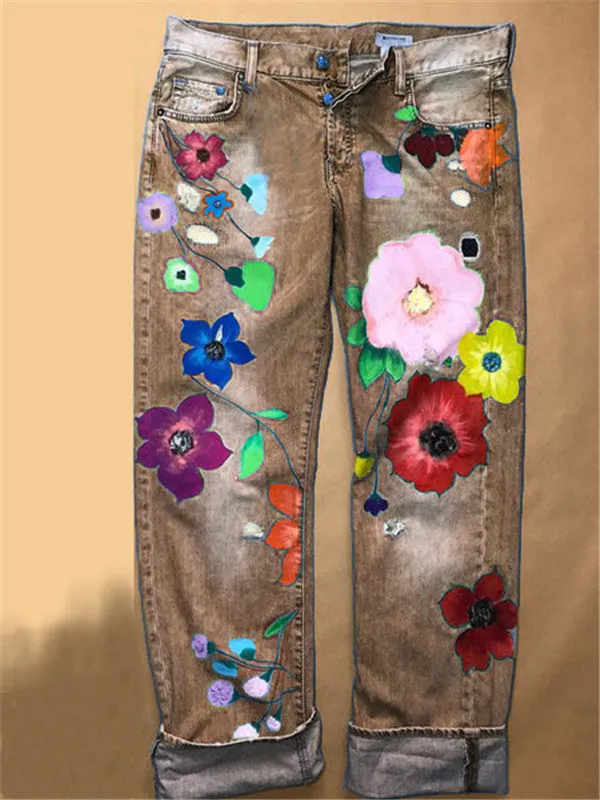 Lady Casual Straight Pants Ripped Jeans Printing Denim Pants