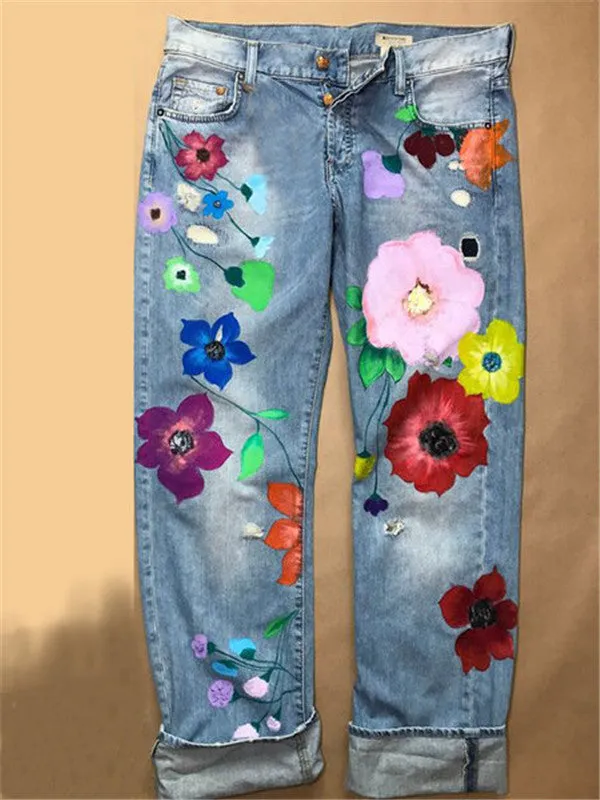 Lady Casual Straight Pants Ripped Jeans Printing Denim Pants