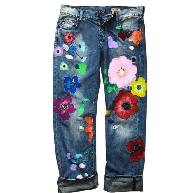 Lady Casual Straight Pants Ripped Jeans Printing Denim Pants