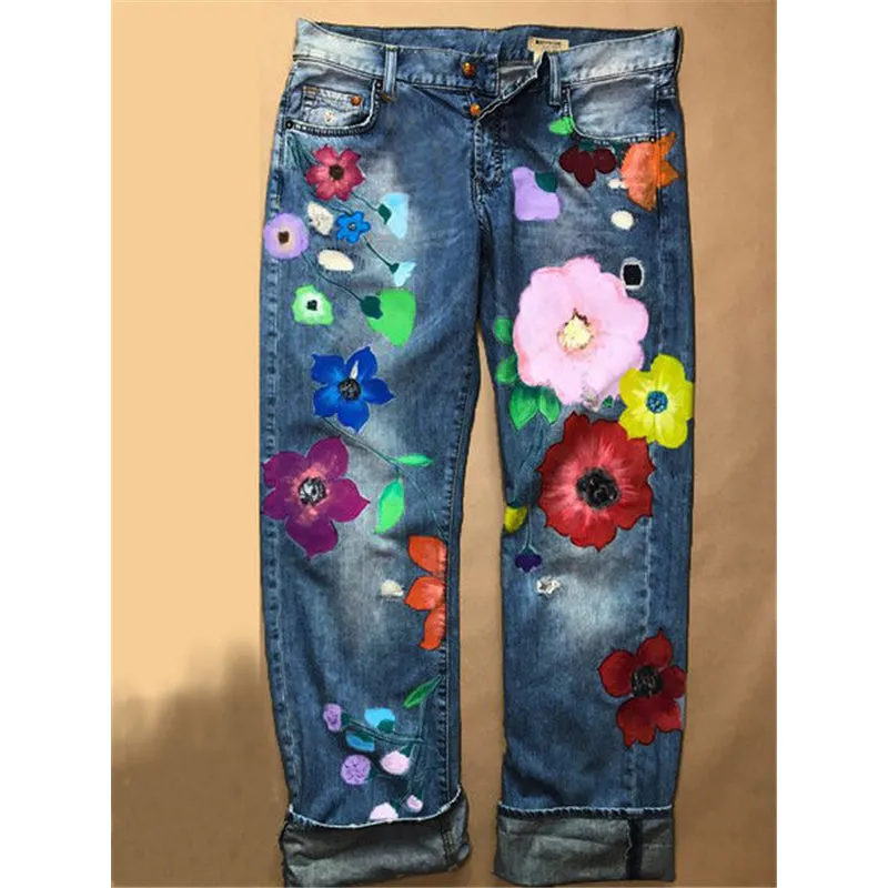 Lady Casual Straight Pants Ripped Jeans Printing Denim Pants