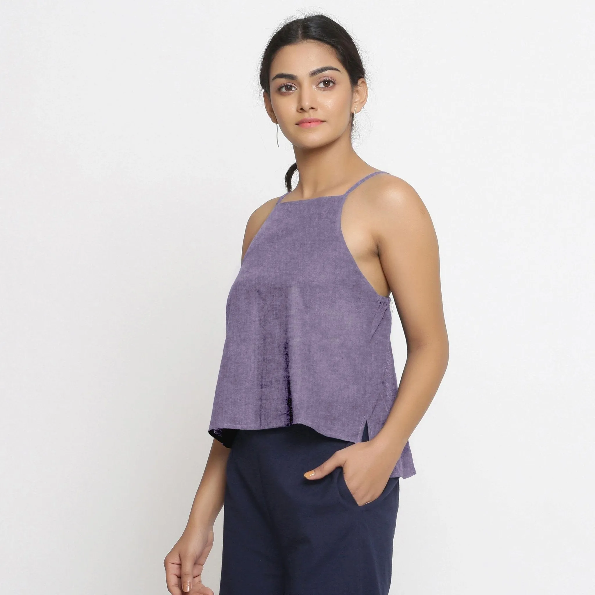 Lavender Strappy 100% Linen Strap Sleeve Spaghetti Top
