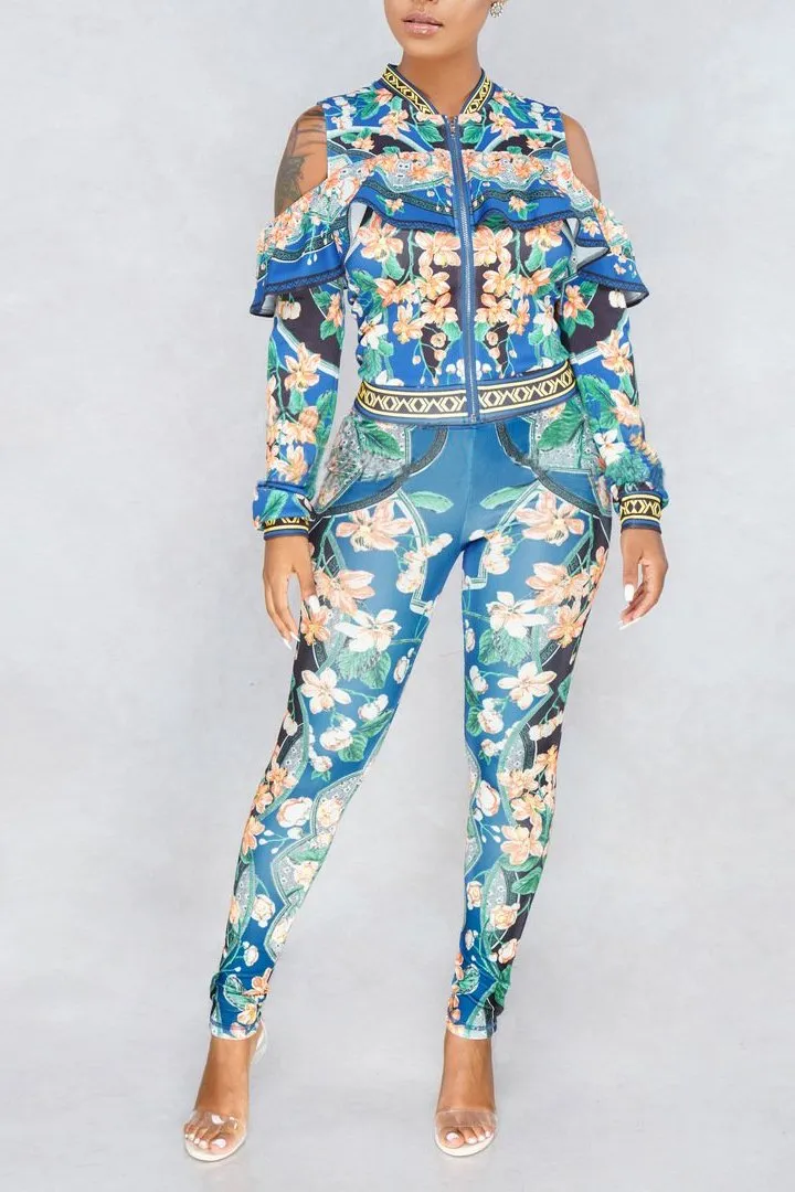 MB FASHION Cold-Shoulder Ruffle Jacket and High-Waist Leggings Set 6854 LAST S