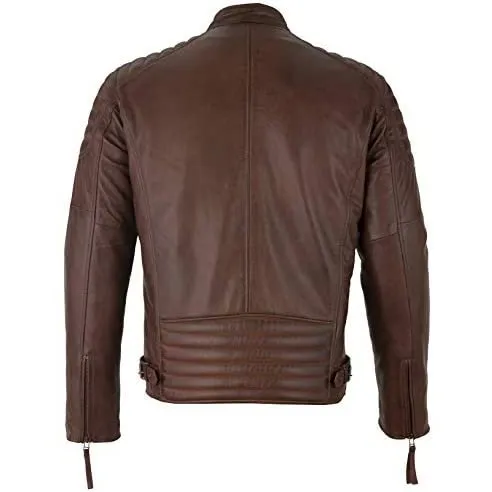 Mens Slim Fit Retro Style Zipped Biker Jacket Real Washed Leather Tan, Vintage Brown & Red