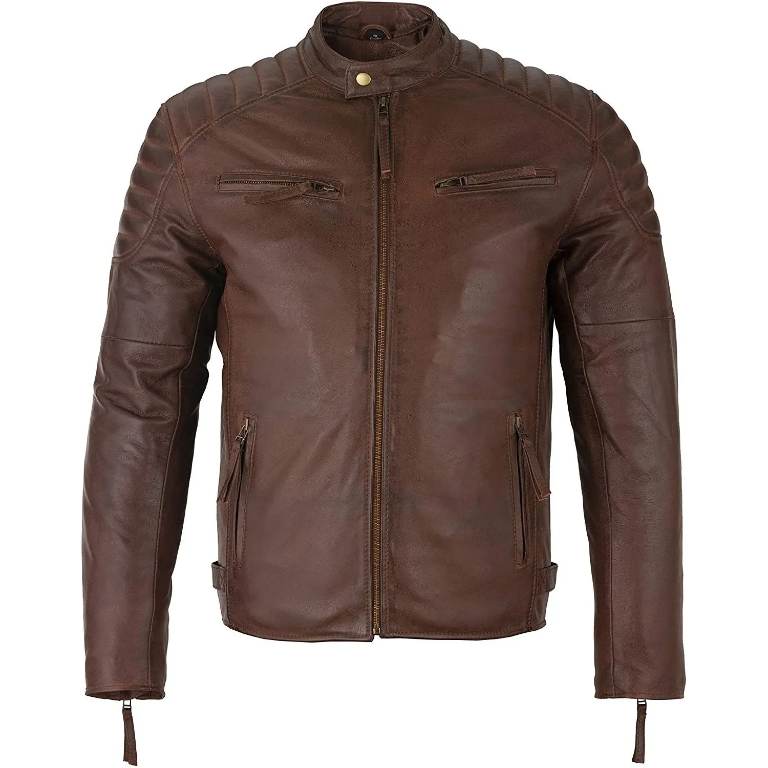Mens Slim Fit Retro Style Zipped Biker Jacket Real Washed Leather Tan, Vintage Brown & Red