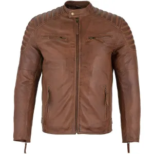 Mens Slim Fit Retro Style Zipped Biker Jacket Real Washed Leather Tan, Vintage Brown & Red