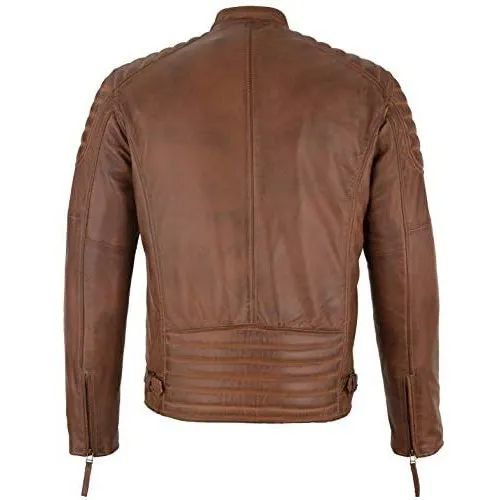 Mens Slim Fit Retro Style Zipped Biker Jacket Real Washed Leather Tan, Vintage Brown & Red