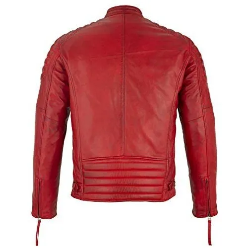 Mens Slim Fit Retro Style Zipped Biker Jacket Real Washed Leather Tan, Vintage Brown & Red