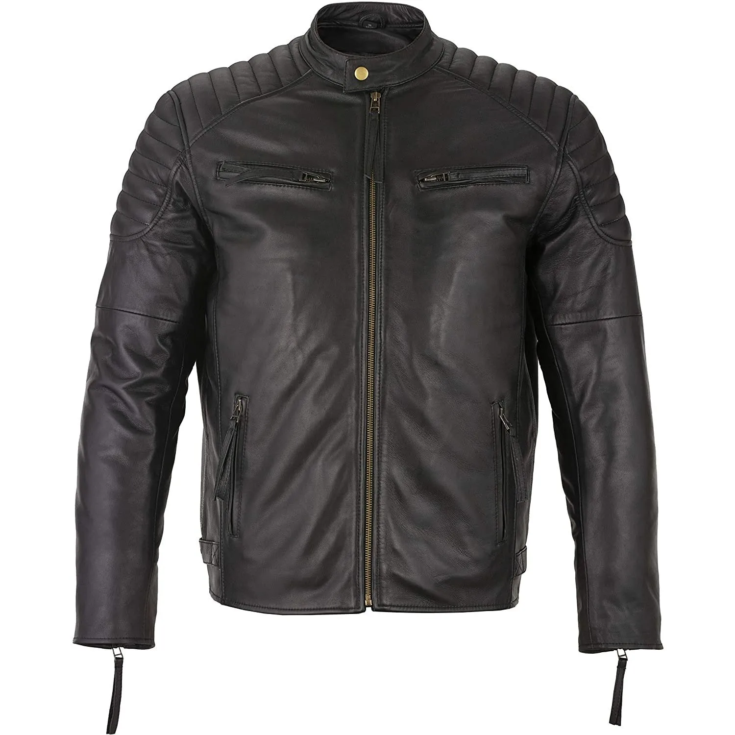 Mens Slim Fit Retro Style Zipped Biker Jacket Real Washed Leather Tan, Vintage Brown & Red