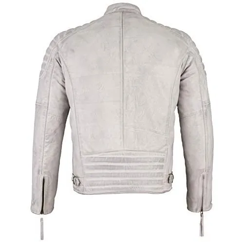 Mens Slim Fit Retro Style Zipped Biker Jacket Real Washed Leather Tan, Vintage Brown & Red