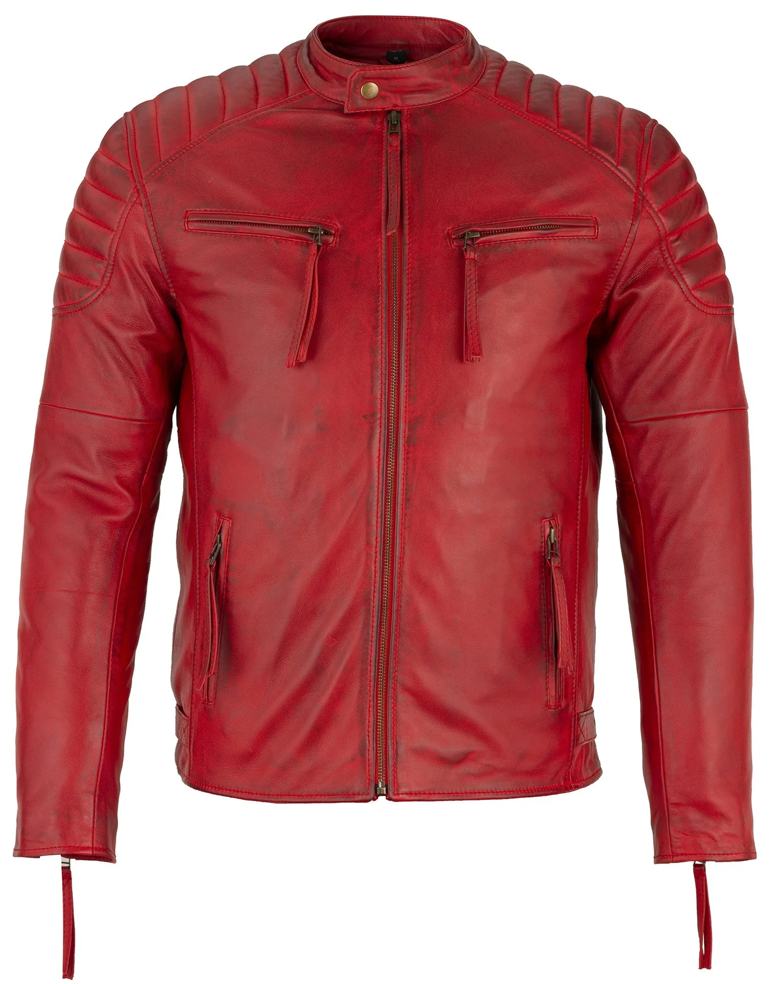 Mens Slim Fit Retro Style Zipped Biker Jacket Real Washed Leather Tan, Vintage Brown & Red