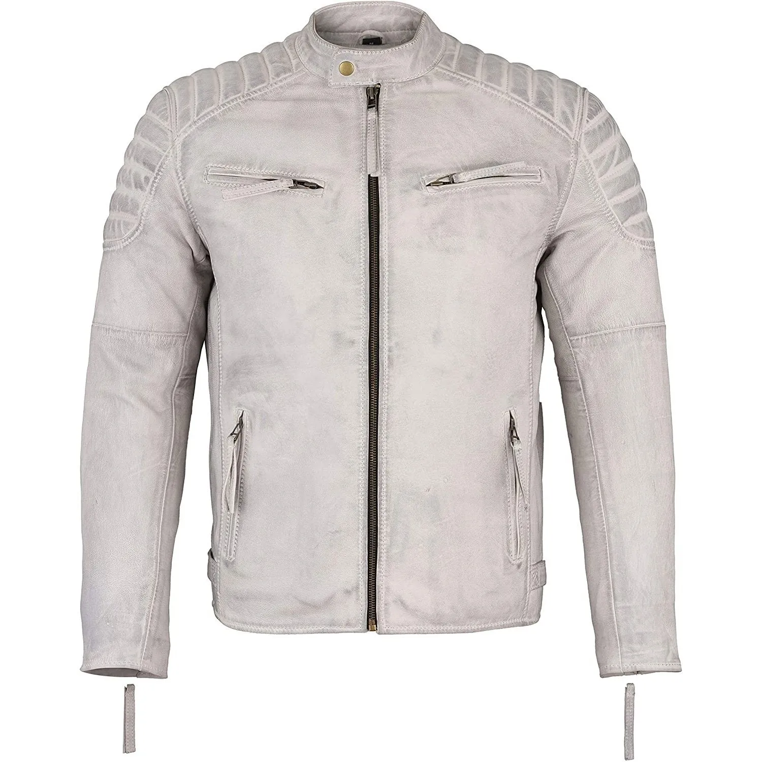 Mens Slim Fit Retro Style Zipped Biker Jacket Real Washed Leather Tan, Vintage Brown & Red